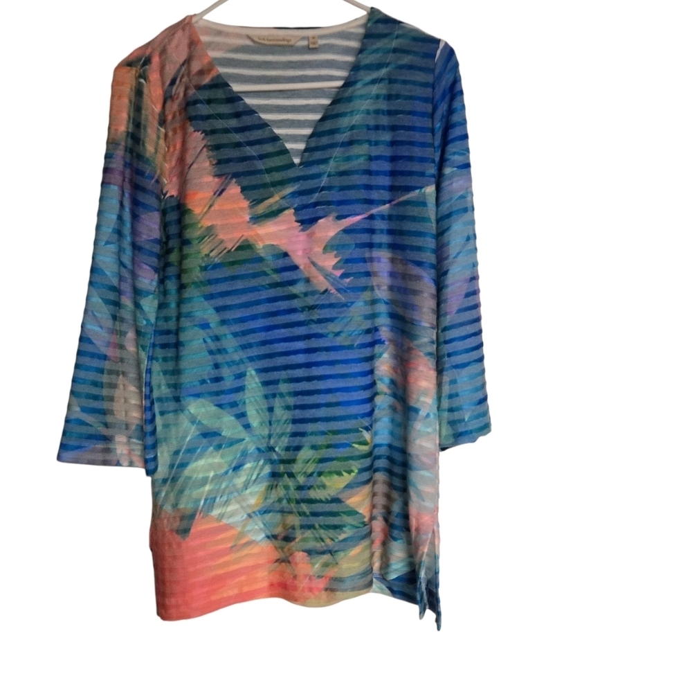 Soft Surroundings Womens Medium Blue Green Coral Layered Textured Floral Top